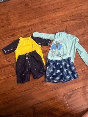 Nautica Kids Yellow & Navy Raglan Rash Guard Set with Light Blue Octopus Top